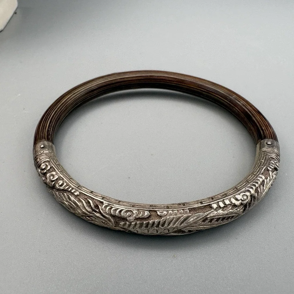 Vintage Chinese Silver Bangle Rattan Phoenix Bamboo Wood 8.25